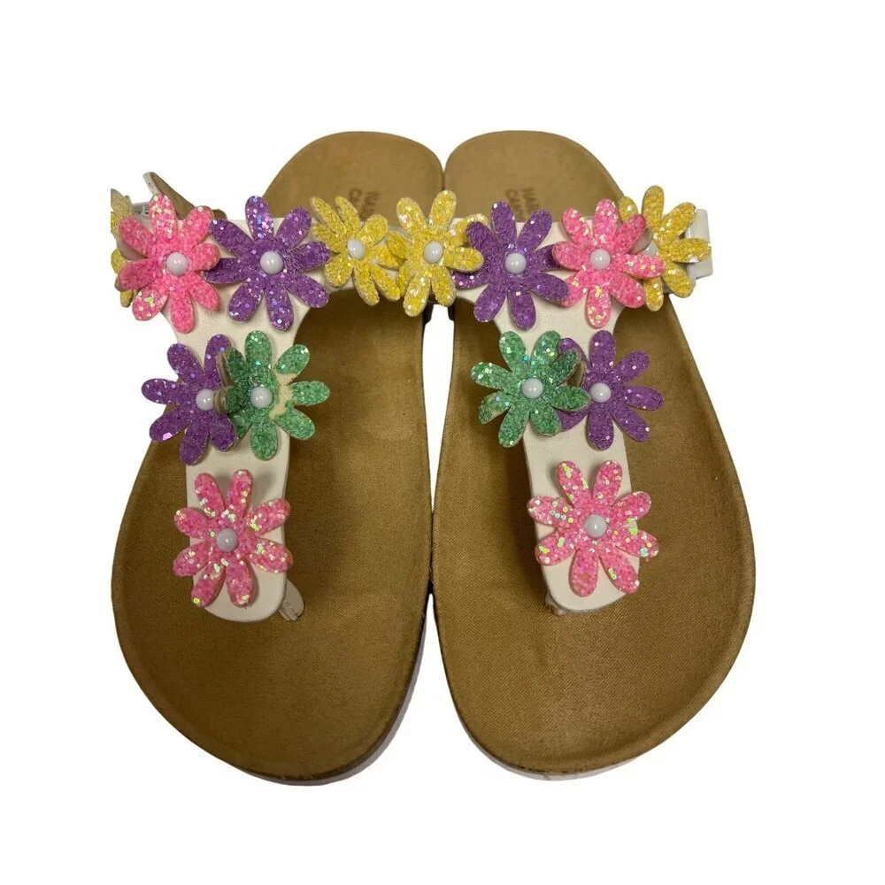 NEW Harper Canyon Girl's Sandals White Floral Slip On Thong Size 4 Youth Adjust